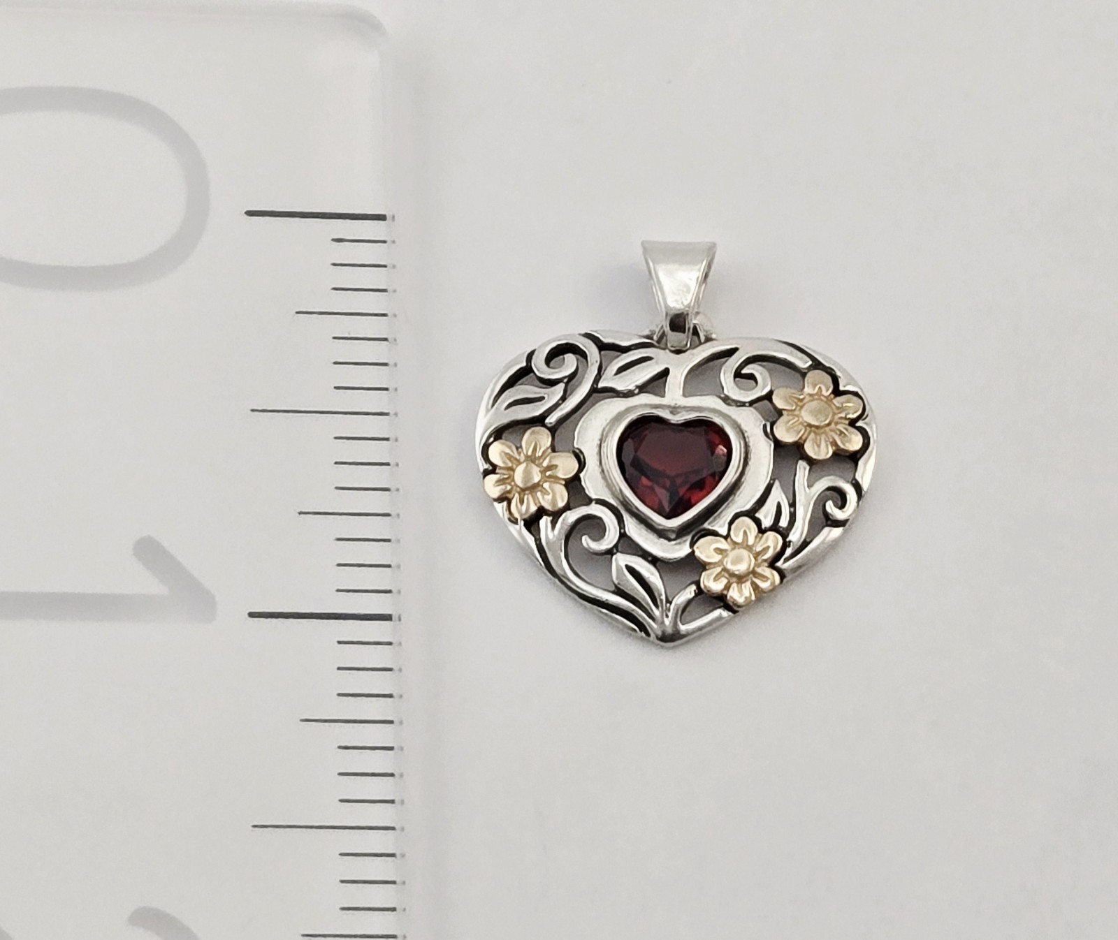 Vintage James Avery Sterling Silver & 14K Gold Garnet Heart Flower Pendant 3.6g