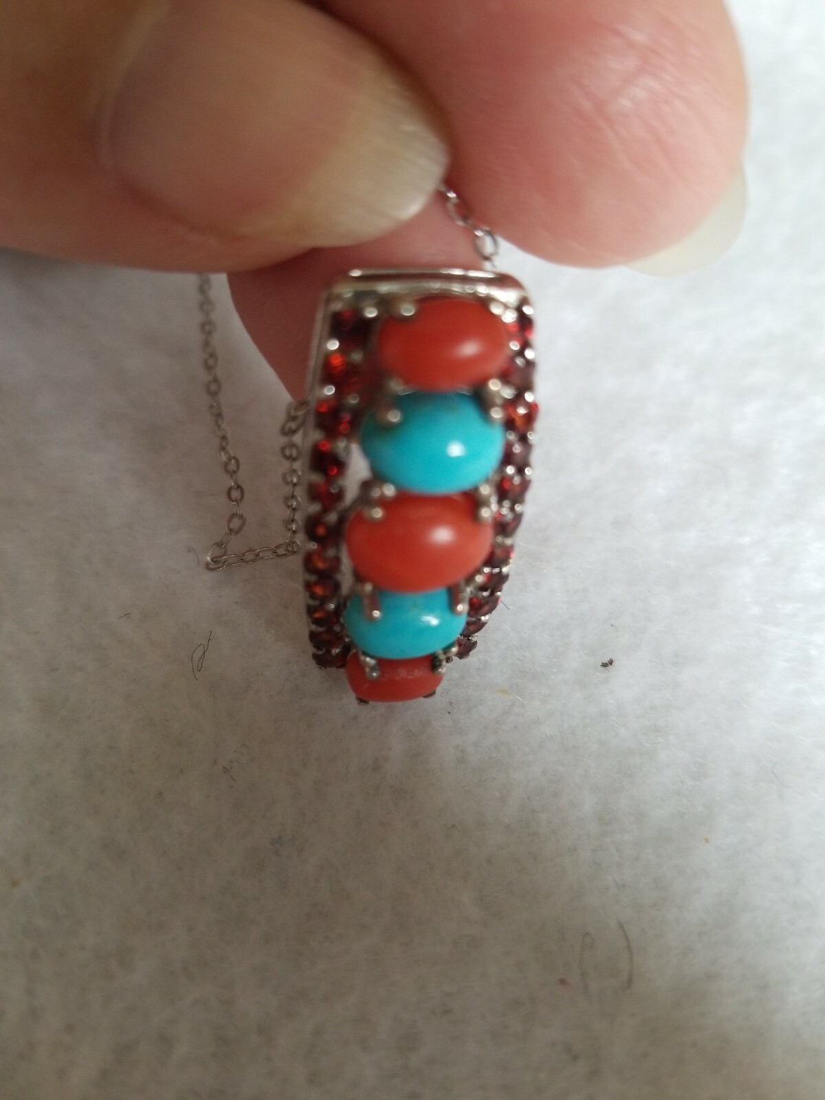 Sleeping BeautyTurquoise,Red Coral,RedGarnet,925SS pendant,chain 20″L, 5.45 cts.