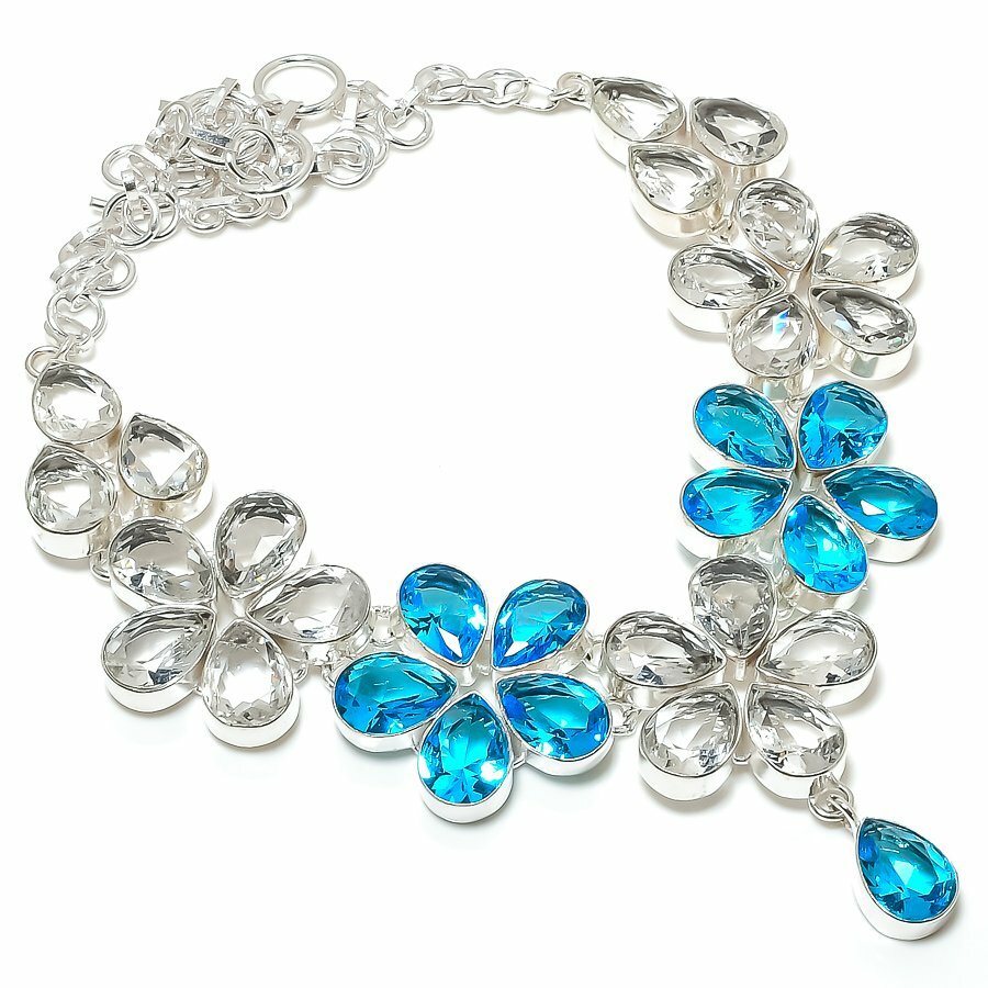 Swiss Blue Topaz, White Topaz Gemstone 925 Sterling Silver Jewelry Necklace 18″
