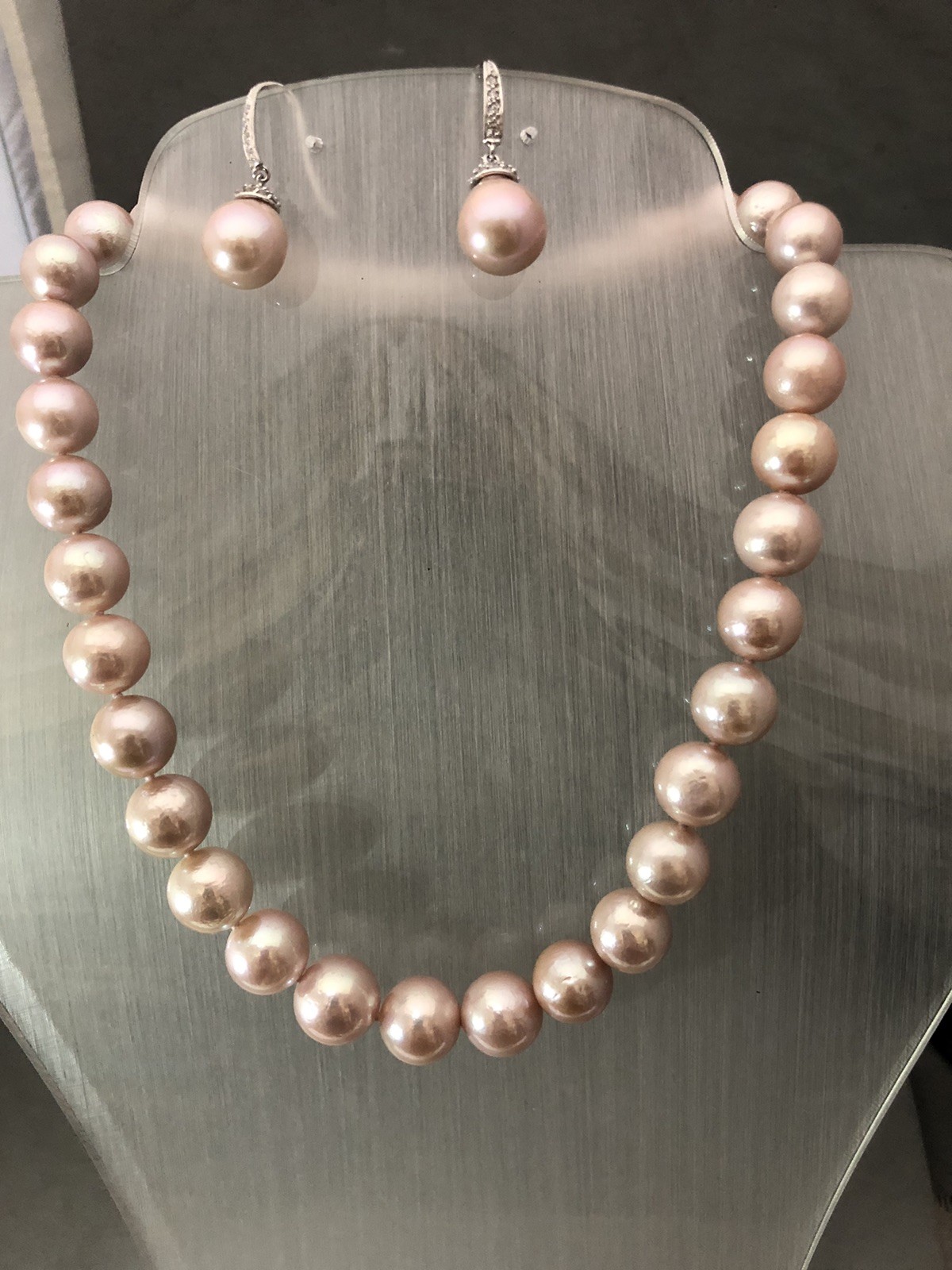 18” Pink KASUMIGA PEARLS w/EARRINGS, 12-15mm Sz, JAPAN, 14K WHITE GOLD CLASP