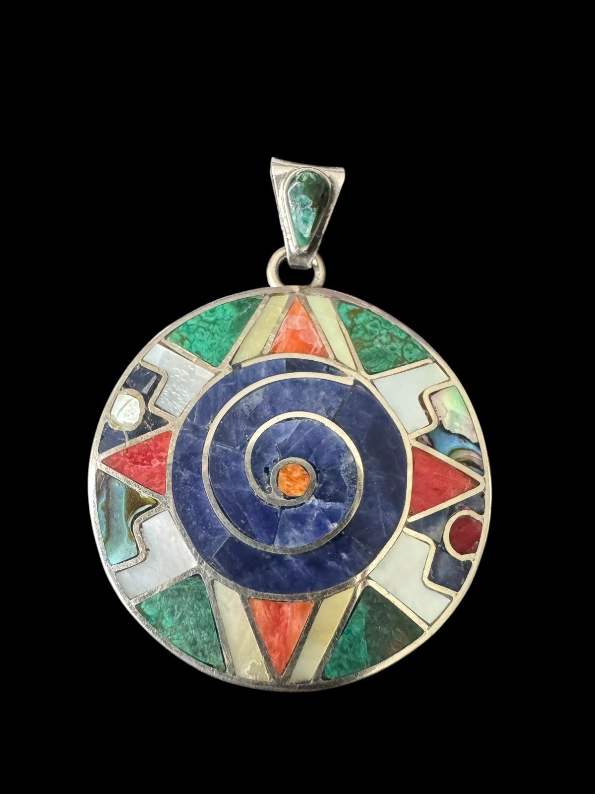 VTG 950 Sterling Silver Gemstone Inlay Peruvian Pendant Swirl Green Blue Red S1