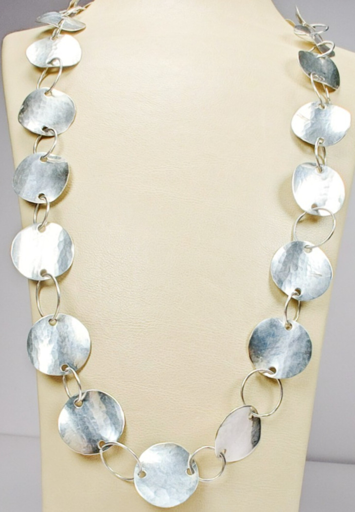 925 Sterling Silver Hammered Disc Link Necklace 26″ 25.22g Large Circles Tested