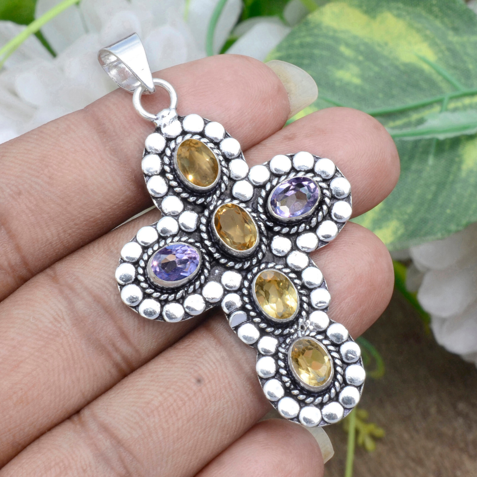 Citrine Topaz Amethyst Cut Gemstone Cross 925 Sterling Silver Beauty Art Pendant