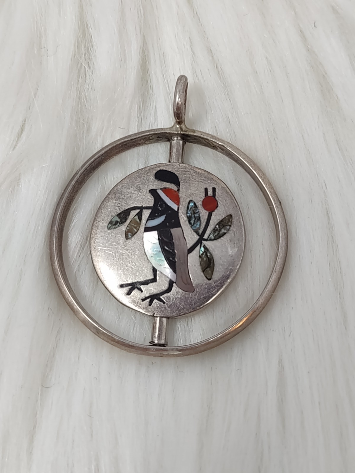 VTG Zuni Sterling 925 Reversible Inlay Bird Spinner Pendant