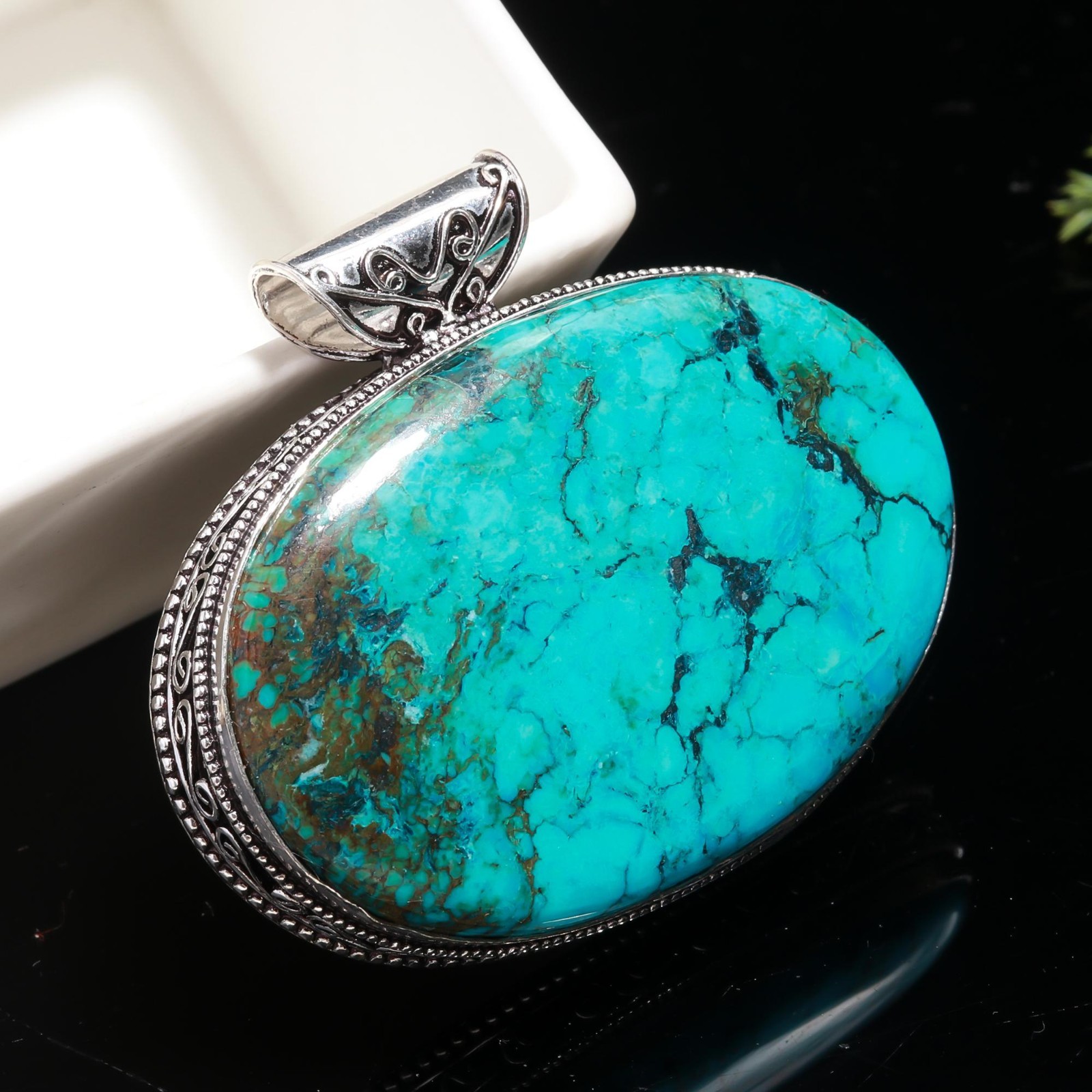 Huge Tibetan Turquoise Gemstone Handmade Vintage 925 Sterling Silver Pendant