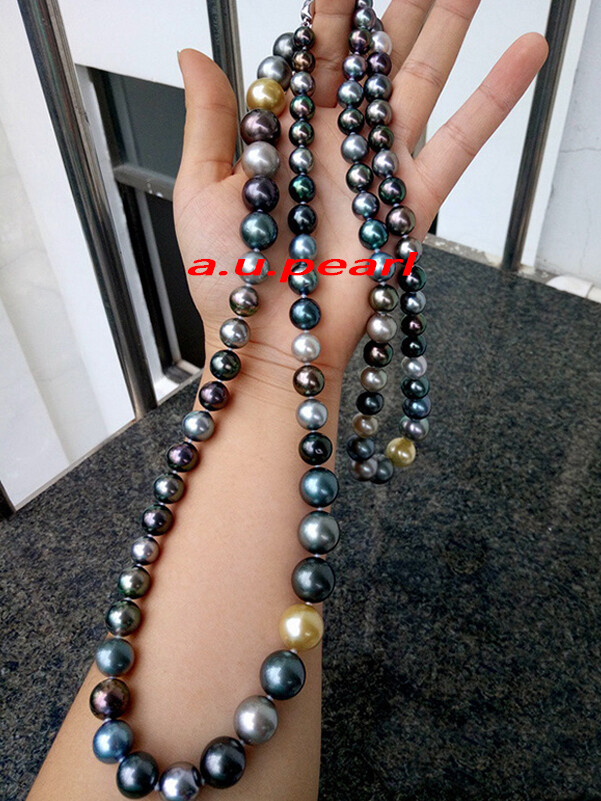 long round AAAAA 48″10-14mm natural South sea Multicolor pearl NECKLACE 14K GOLD