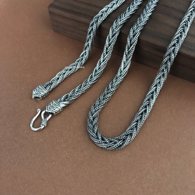 Real S925 Sterling Silver Necklace Women Men 6mm Weave Wheat Link Chain 24inch