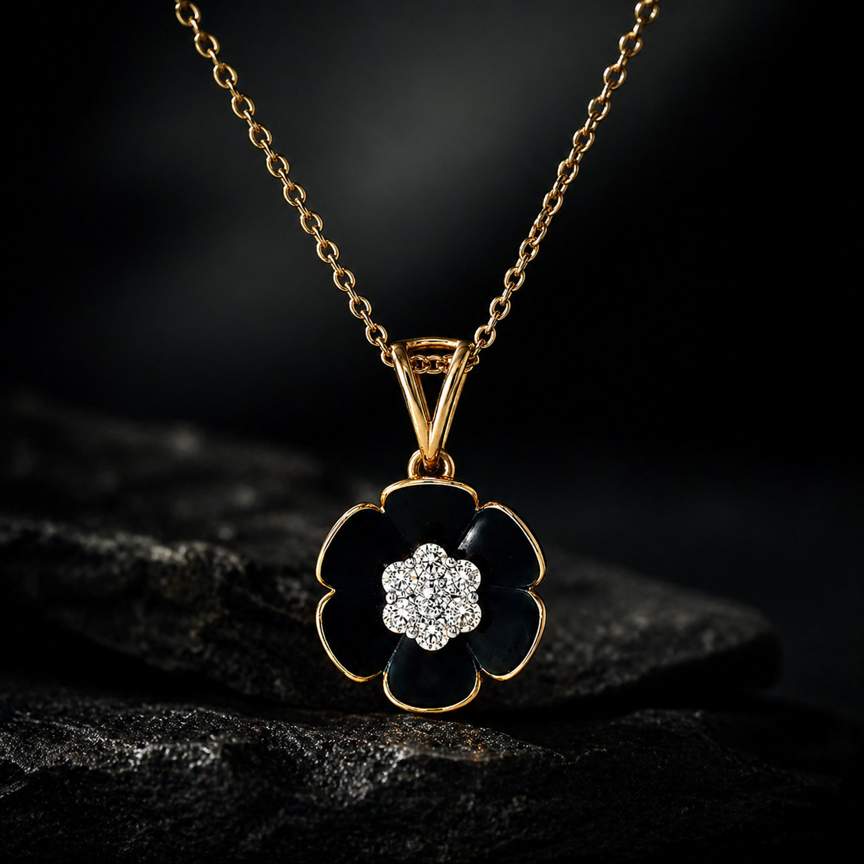 Natural Diamond Floral Pendant Necklace – 14KY Gold Bridal Cocktail Anniversary