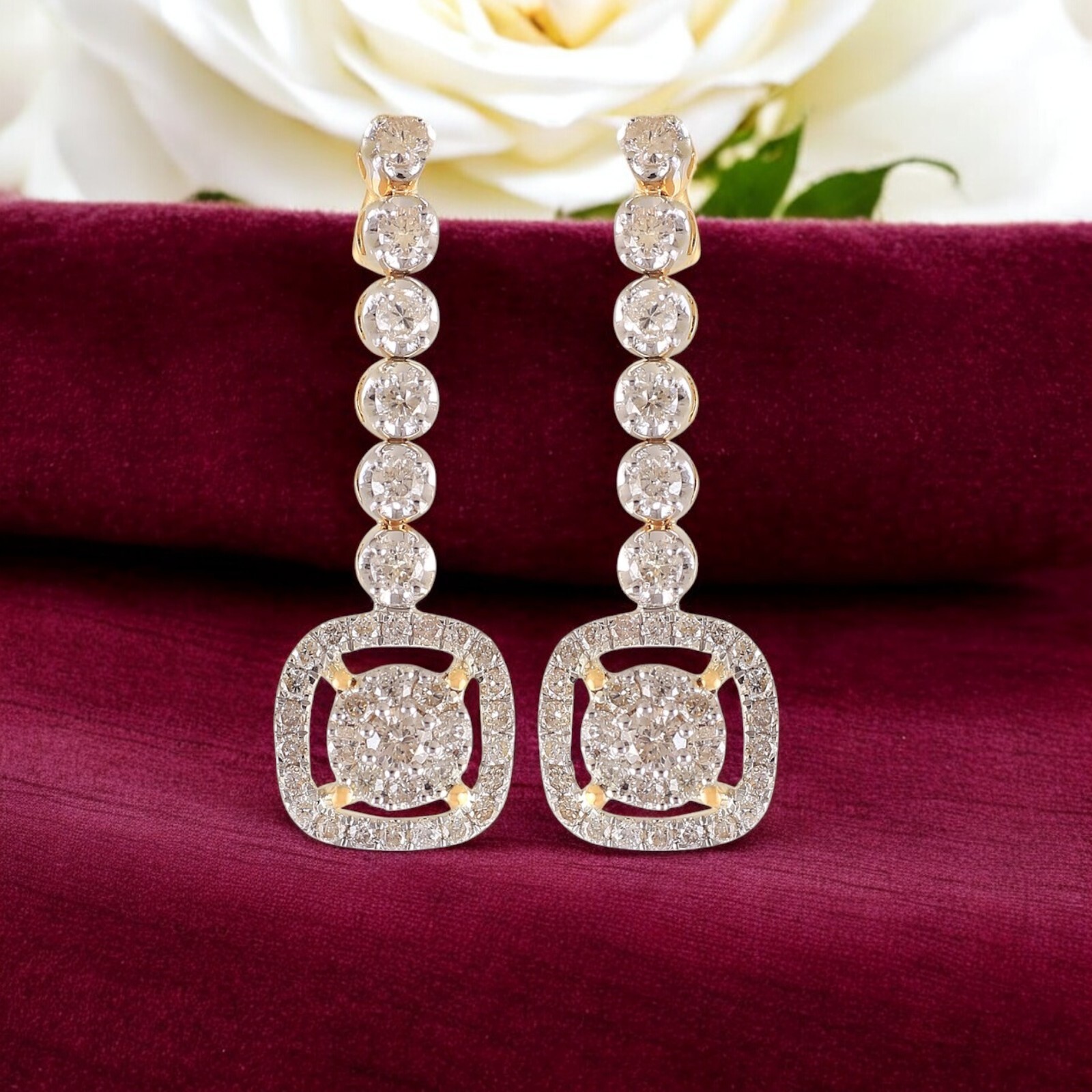 Pave 1.45 Cts Round Brilliant Cut Natural Diamonds Pendant Earrings Set 14K Gold