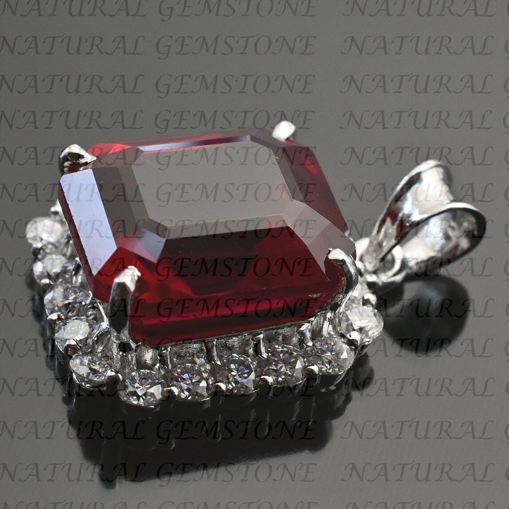 7.00Crt Emerald Shape Natural Garnet and Diamond Pendant 18K White Gold Plated