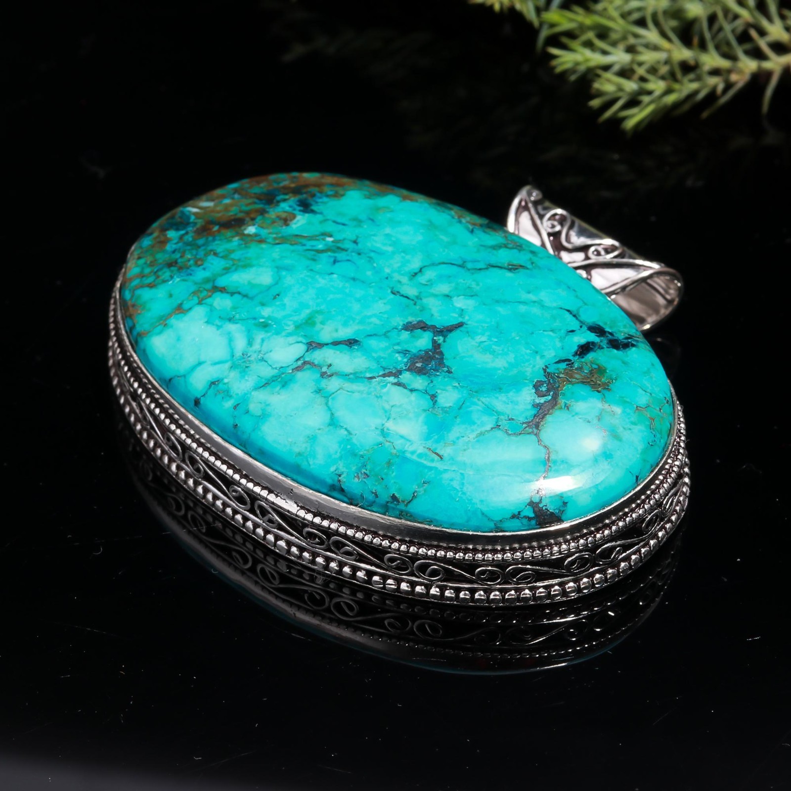Huge Tibetan Turquoise Gemstone Handmade Vintage 925 Sterling Silver Pendant