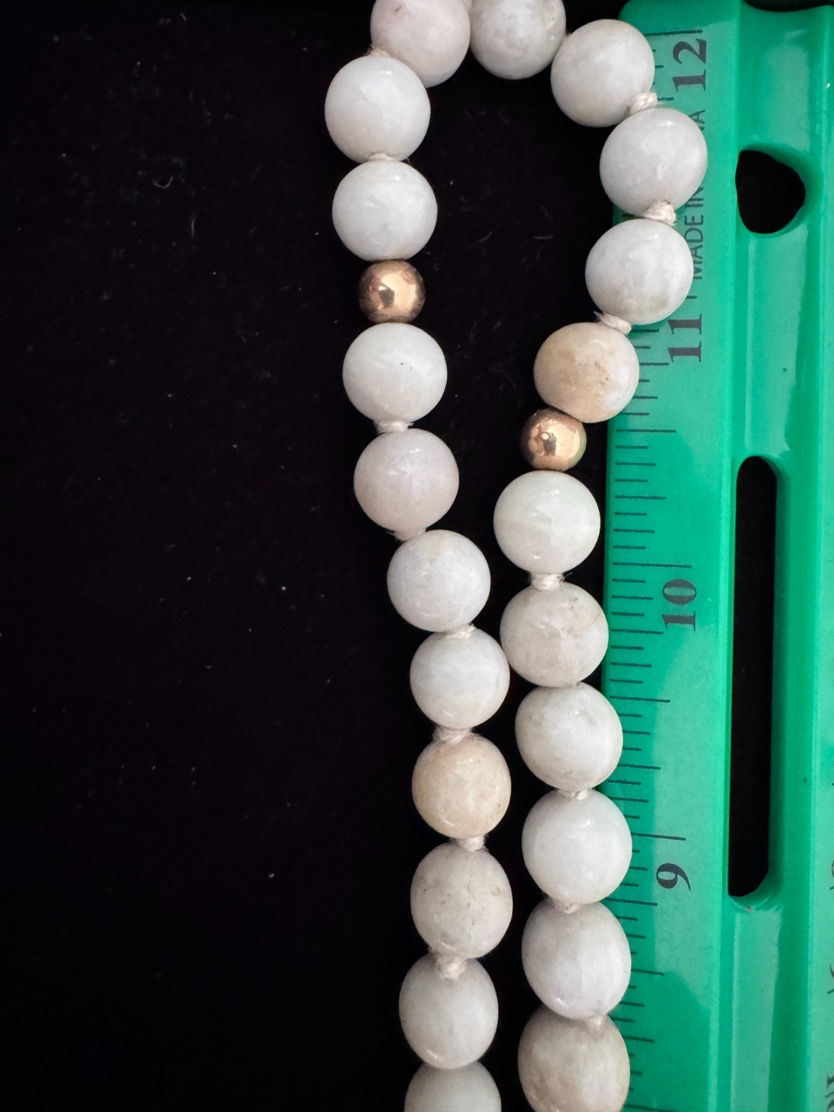 Vintage 33″ White Celadon Jade Bead Necklace 14K Gold Accents Hand Knotted 109g