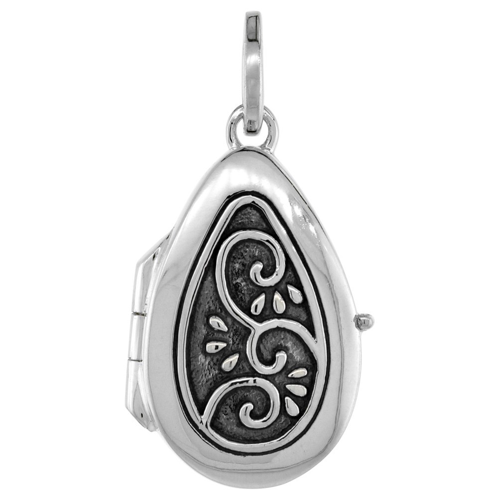 925 Sterling Silver Swirl Design Teardrop Locket Pendant 3/4 Inch (19mm) Tall