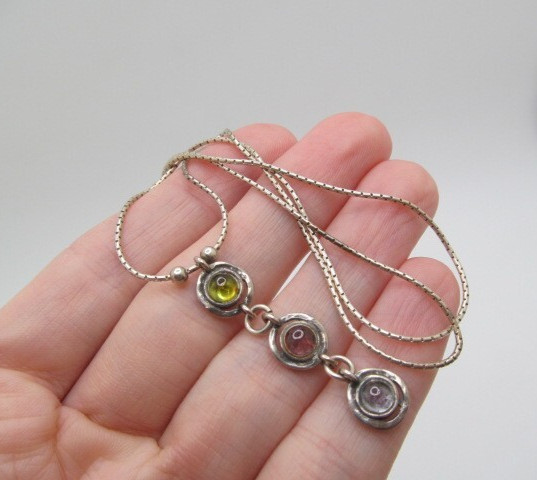 925 Sterling Silver Tourmaline Iolite Pink Yellow Round Disc Stone Necklace