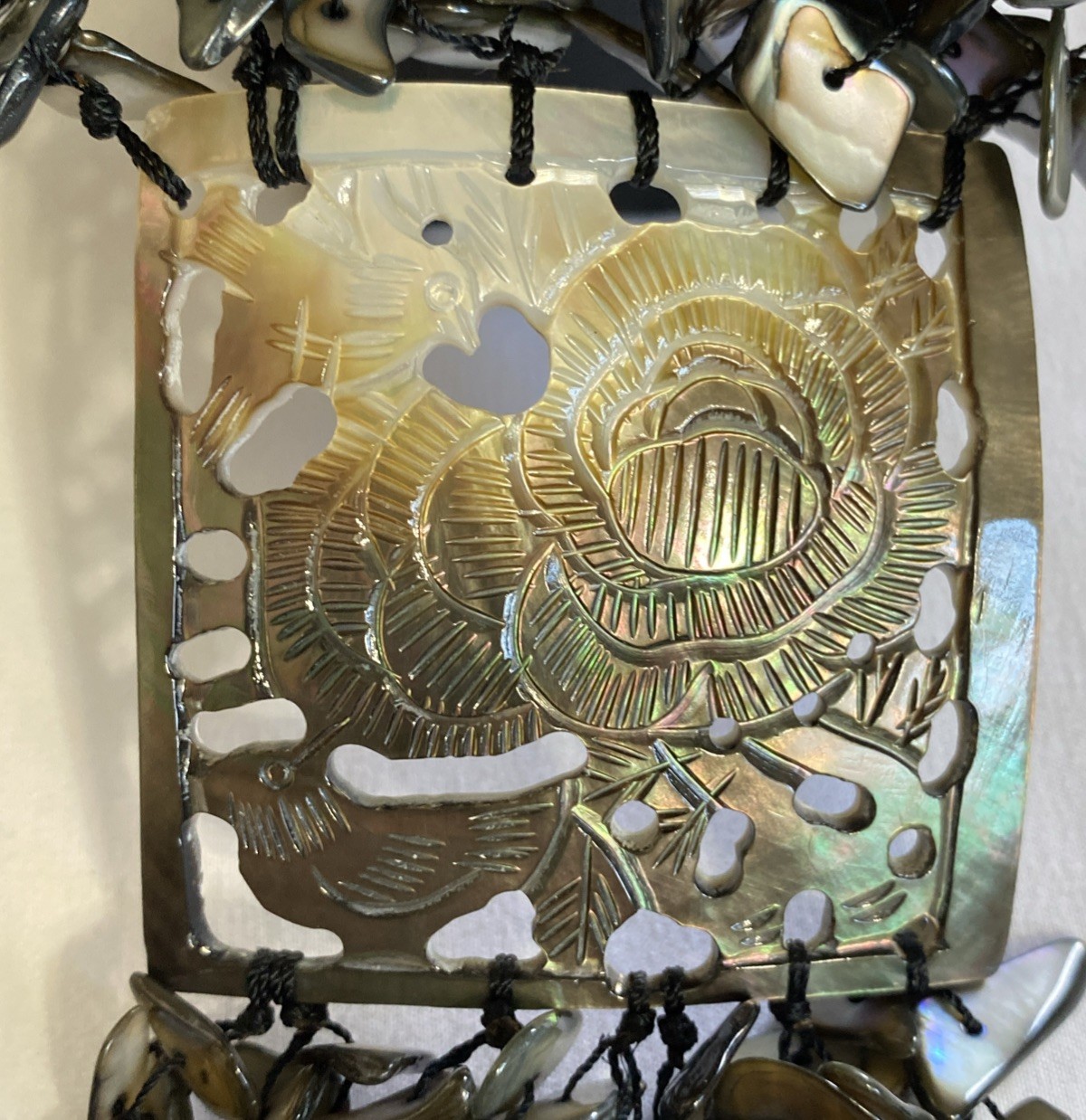 Beautiful Abalone & Carved Mother of Pearl 4 Strand Statement Necklace 15″