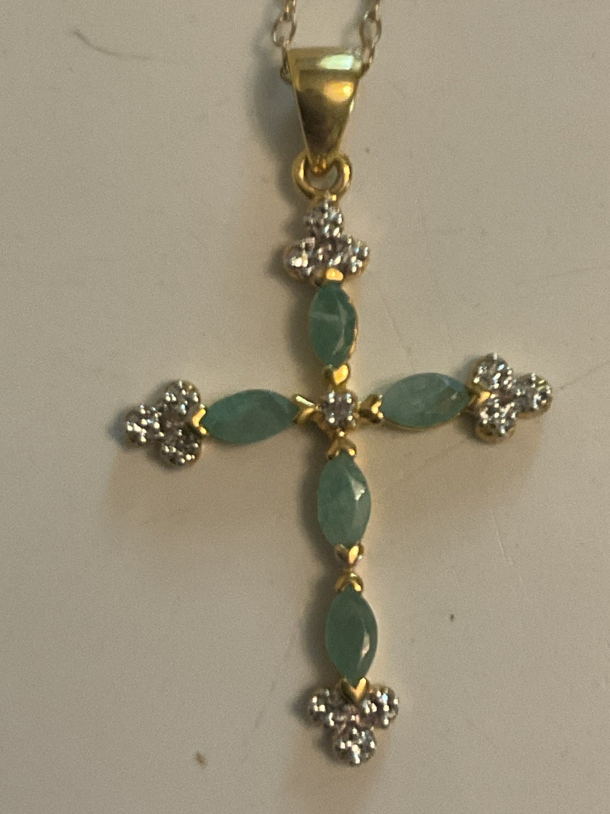 3.20Ct Oval Cut Natural Green Emerald Cross Pendant 14k Yellow Gold Plated 18”