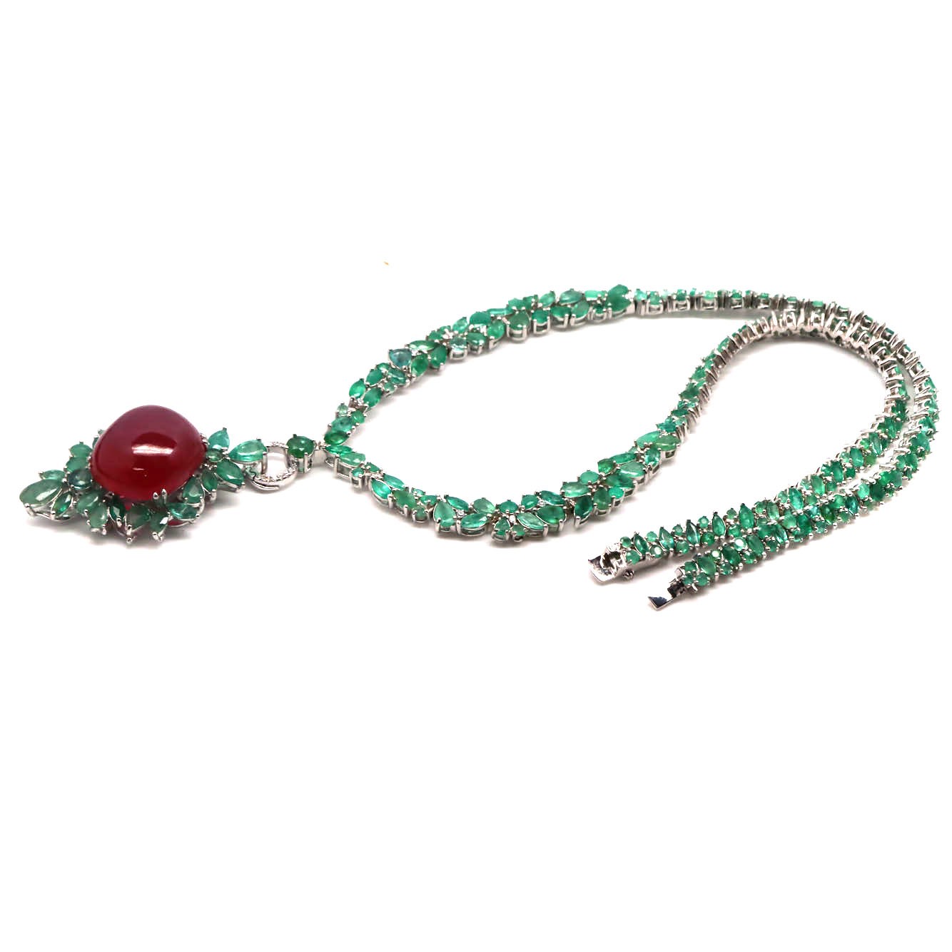 925 Silver 18 x 20 MM. Red Ruby Emerald Cubic Zirconia Pendant/Necklace 16.5 in