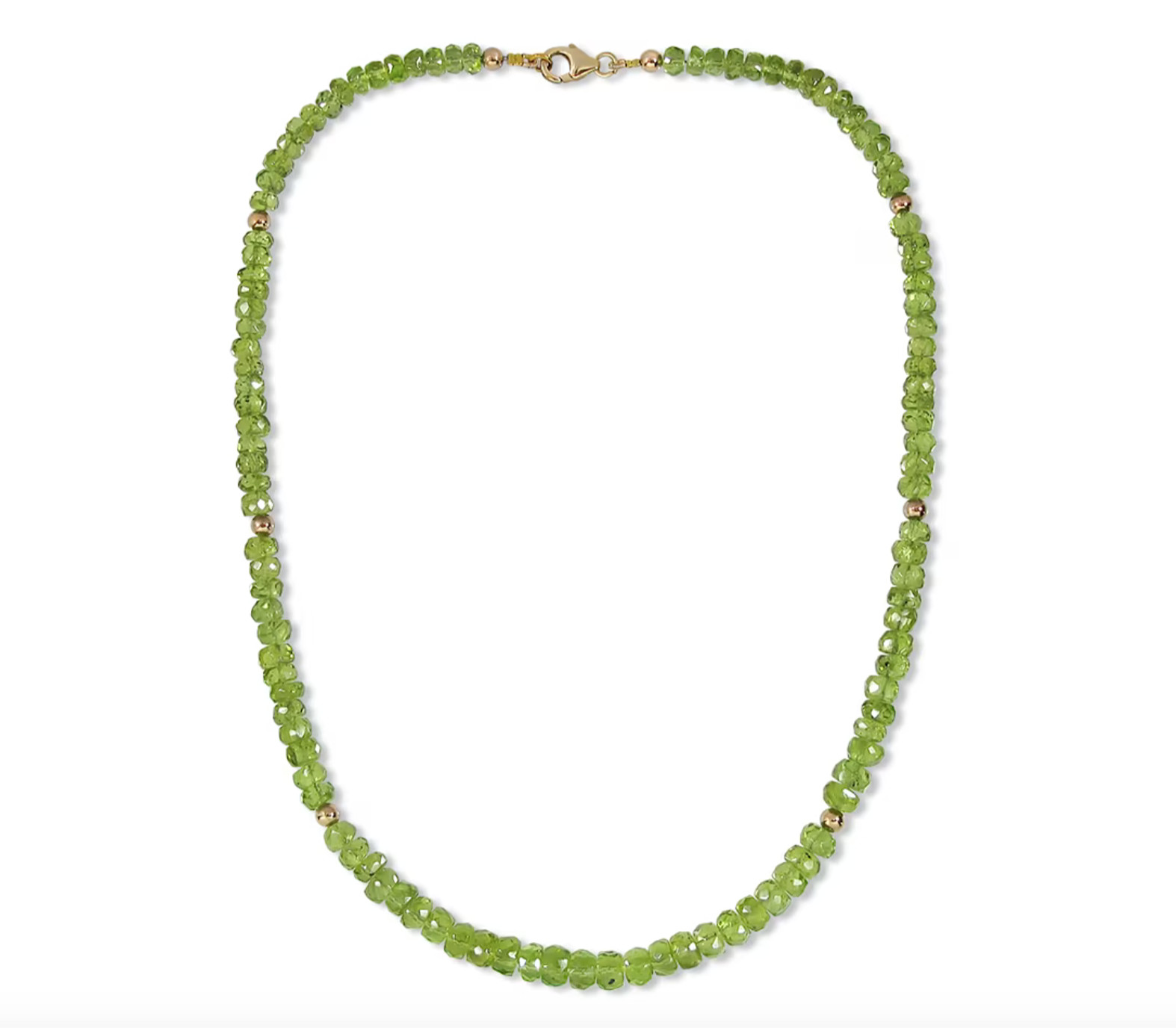 Natural Peridot Necklace 9K Gold Clasp 10K Gold Beads Eye Clean Clarity 17 Inch