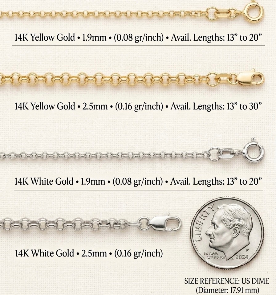 14K Solid Gold Rolo Chain Necklace 1.9mm 2.5mm Yellow White Gold 13″ – 30″ Real