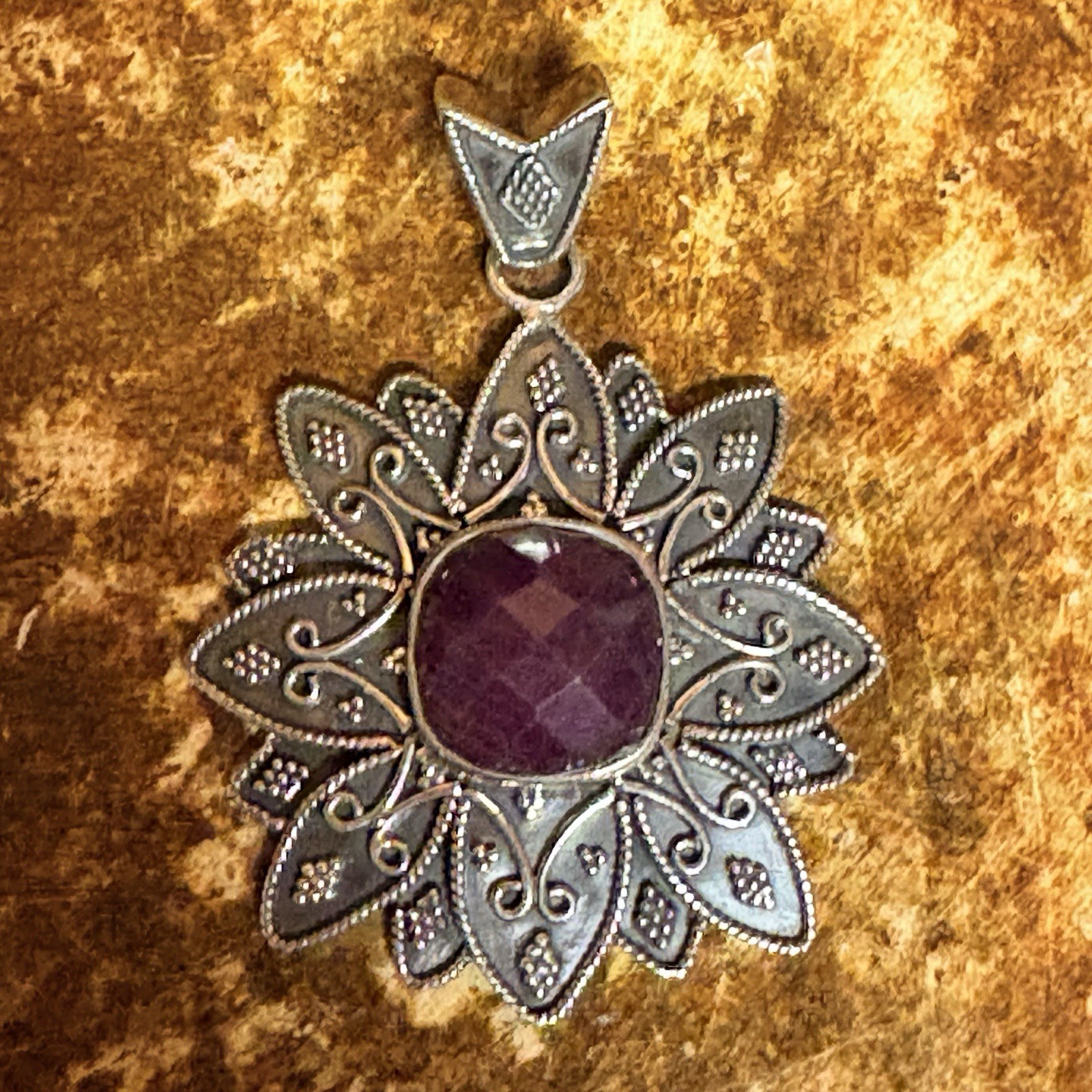 Sterling Silver and Ruby Pendant by SI Made in India Bali Style Vintage