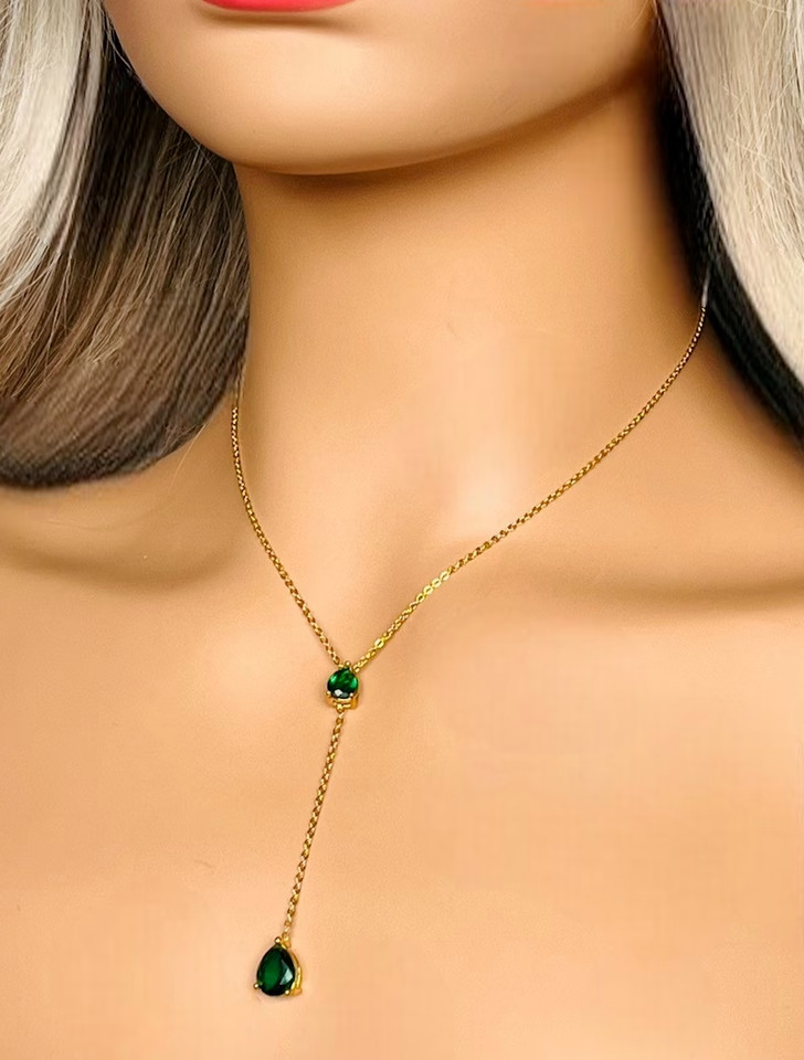 4Ct Pear Lab-Created Green Emerald Lariat Teardrop Necklace 14K Yellow Gold Over