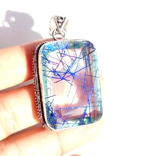 Blue Rutilated Quartz Gemstone 925 Sterling Silver Handmade Jewelry Pendant