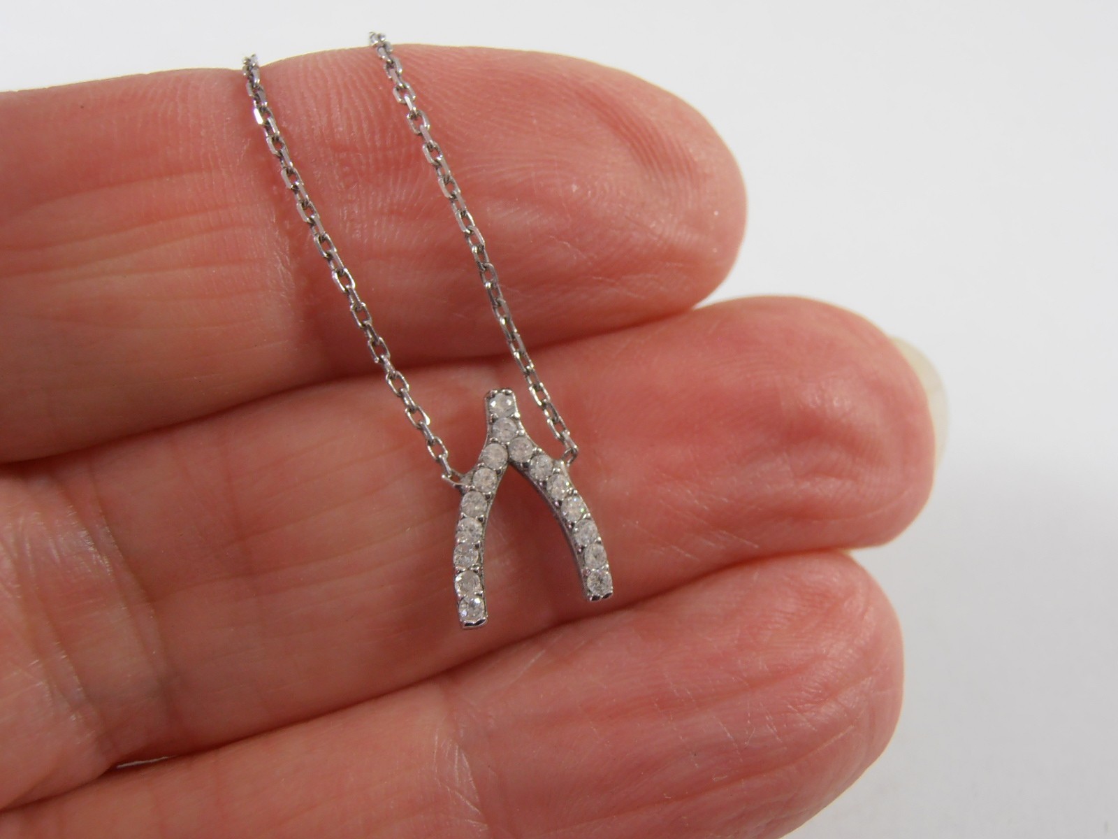 Sterling Silver Fine Choker Wishbone Pendant Necklace Clear Rhinestones 16”