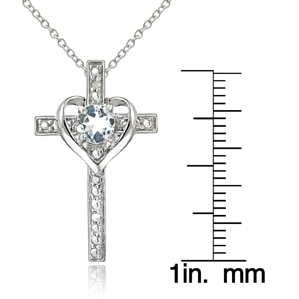 Sterling Silver Very Light Aquamarine & Diamond Accent Cross Heart Necklace