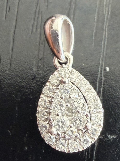 14k solid white gold, 23 Tiny genuine diamond cluster Tear Drop pendant Charm.