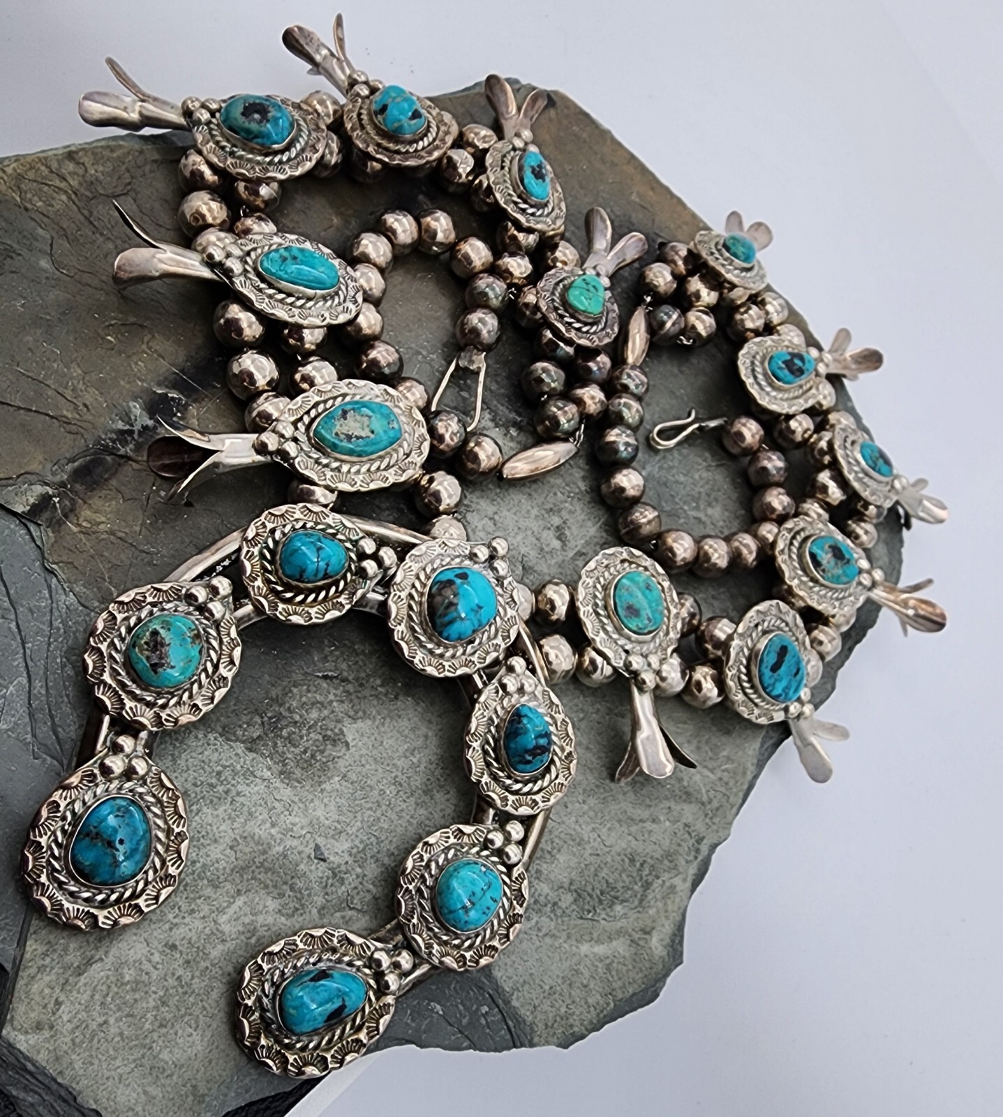 Sterling Silver 925 Navajo Calvin Desson Sleeping Beauty Squash Blossom Ag 24249