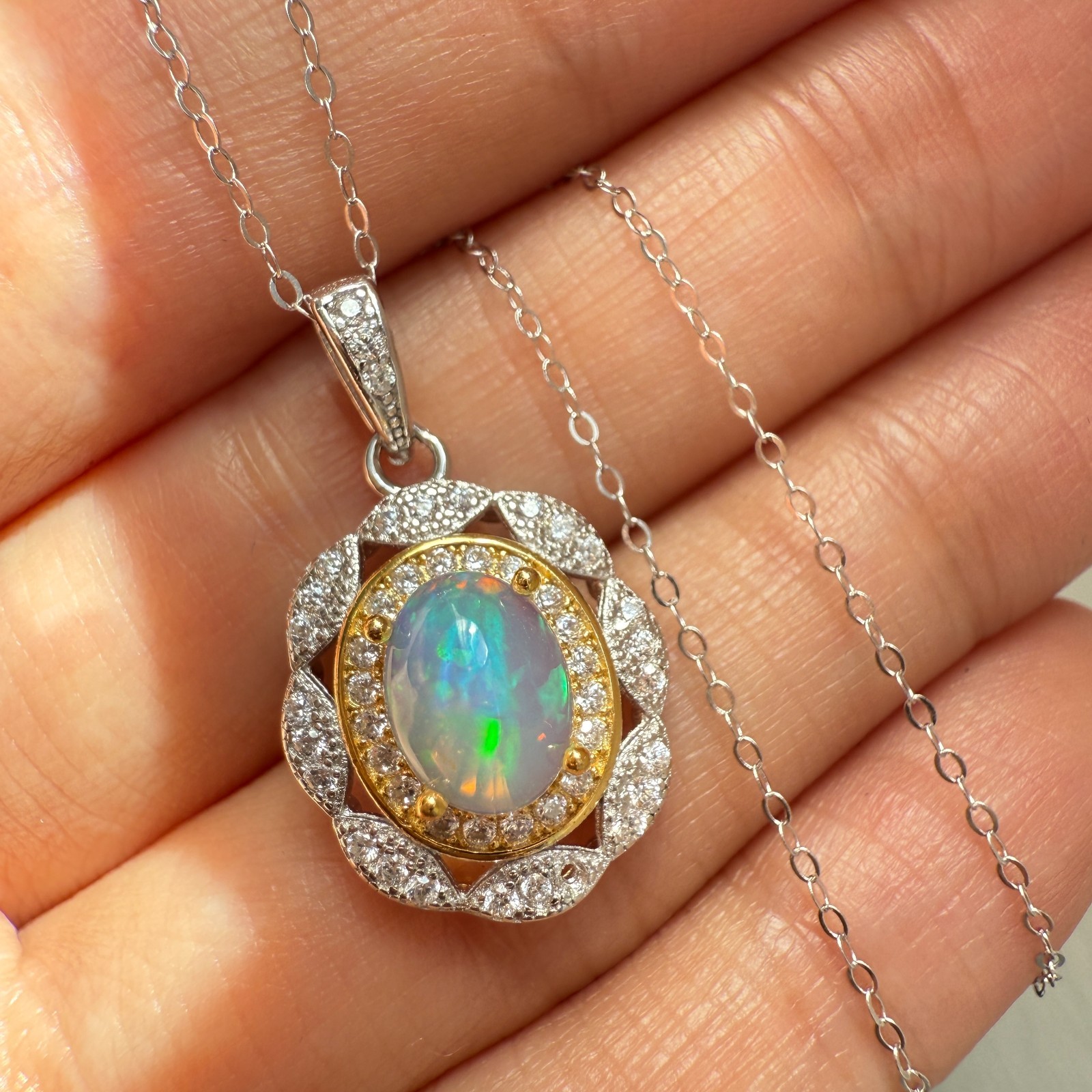 925 Sterling Silver Necklace 8x6mm Natural Opal 14K Gold Plated Flower Chain NEW