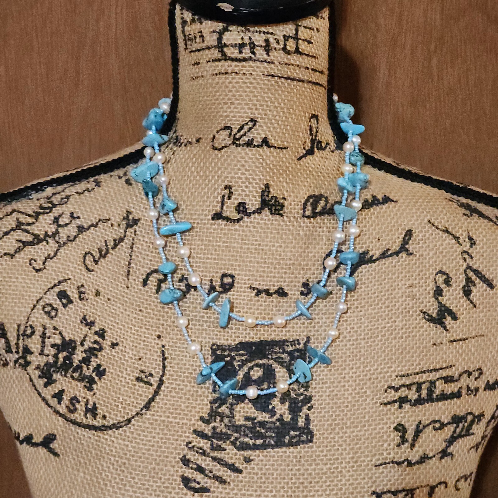 Fashion Jewelry Faux Turquoise Color Pearl & Bead Necklace NOS