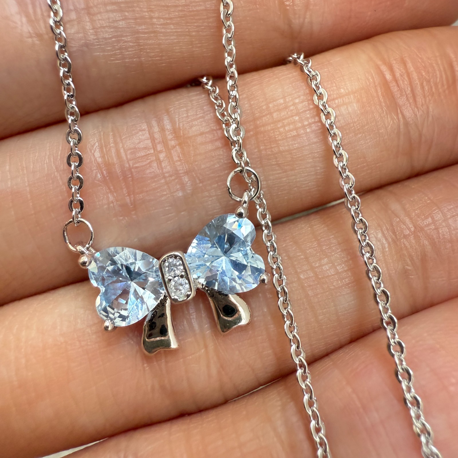 925 Sterling Silver Necklace 6mm Heart Natural Topaz Gemstone Zircon Chain Bow
