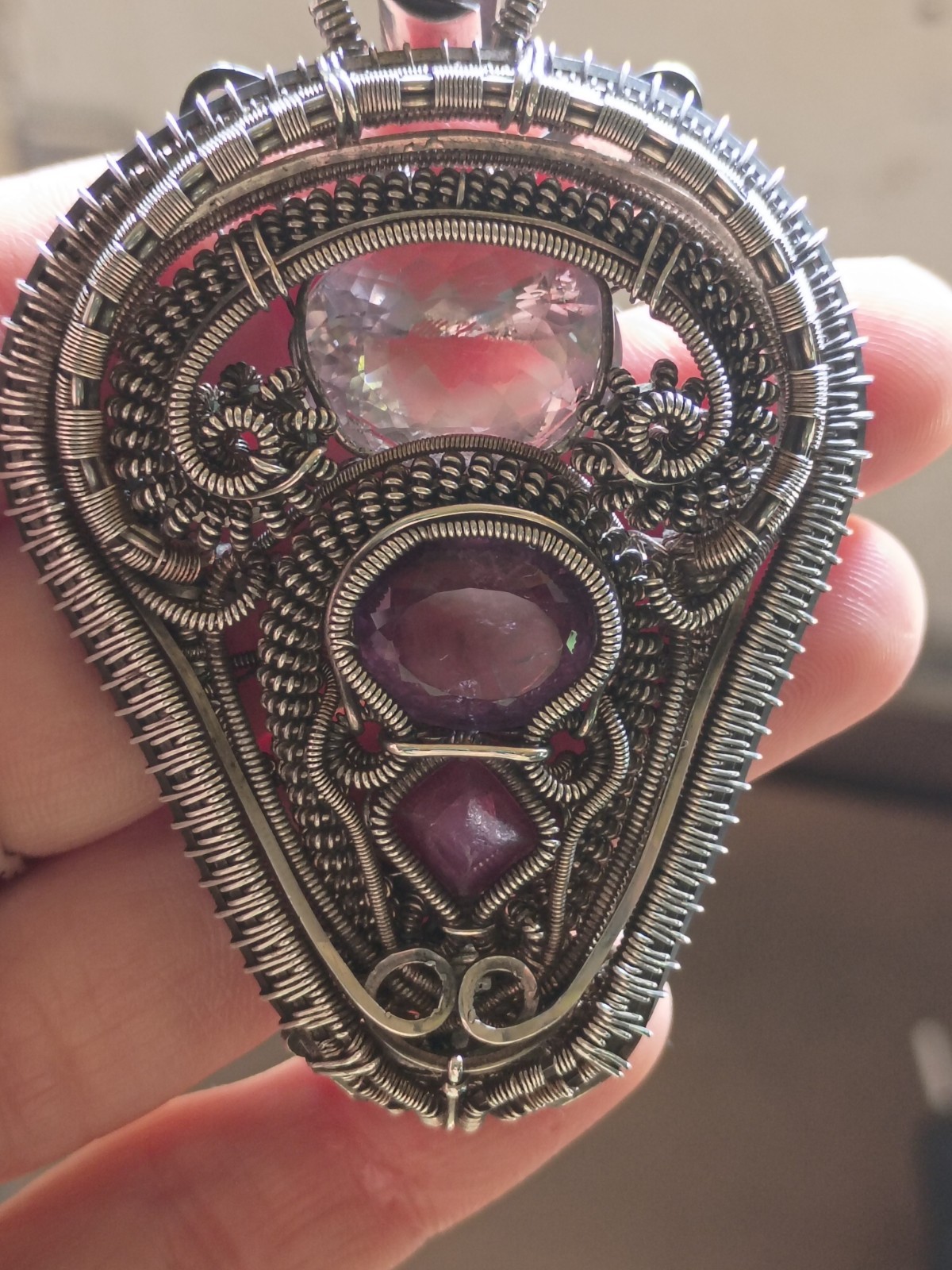 Amethyst Spinel Rose De France “Light Shield” Pendant Statement Wirewrap Art 925