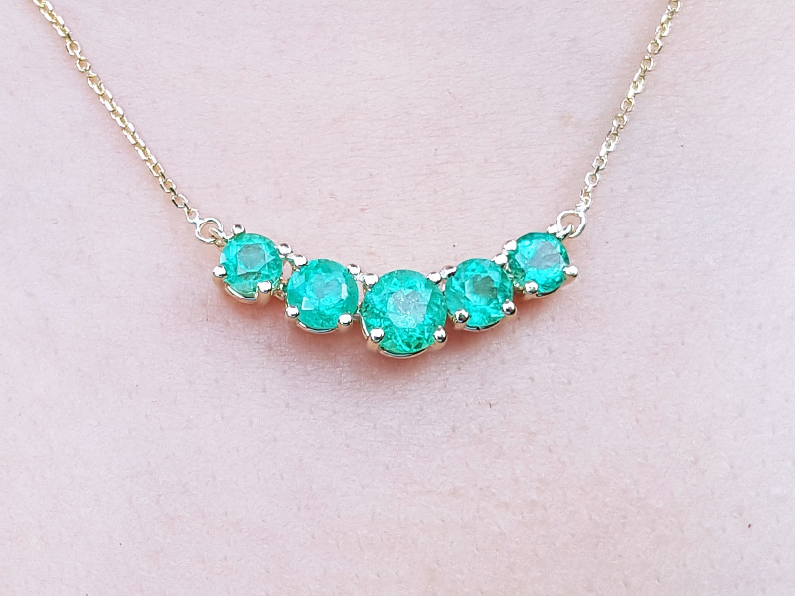 Five Stone Round Cut Colombian Emerald Necklace Solid 14K Yellow Gold