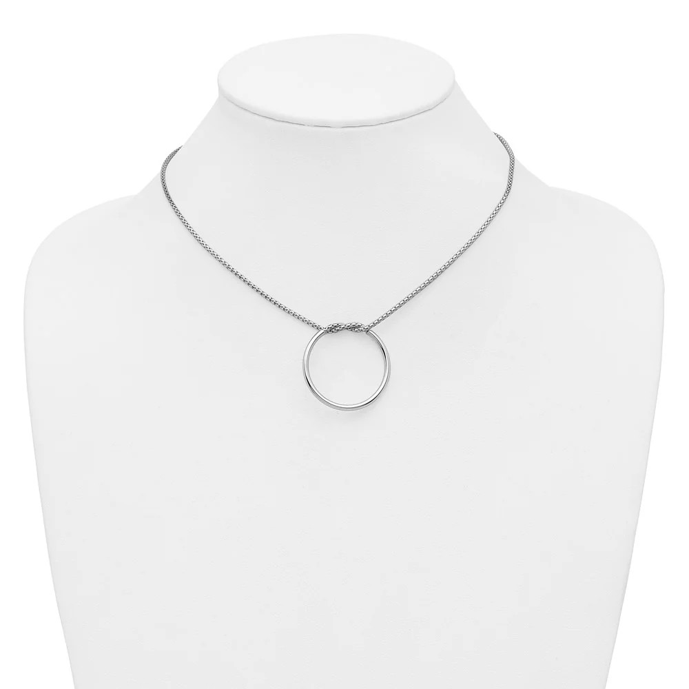 Sterling Silver RH-Pl Polished/Textured Circle Pendant With 2in Ext.