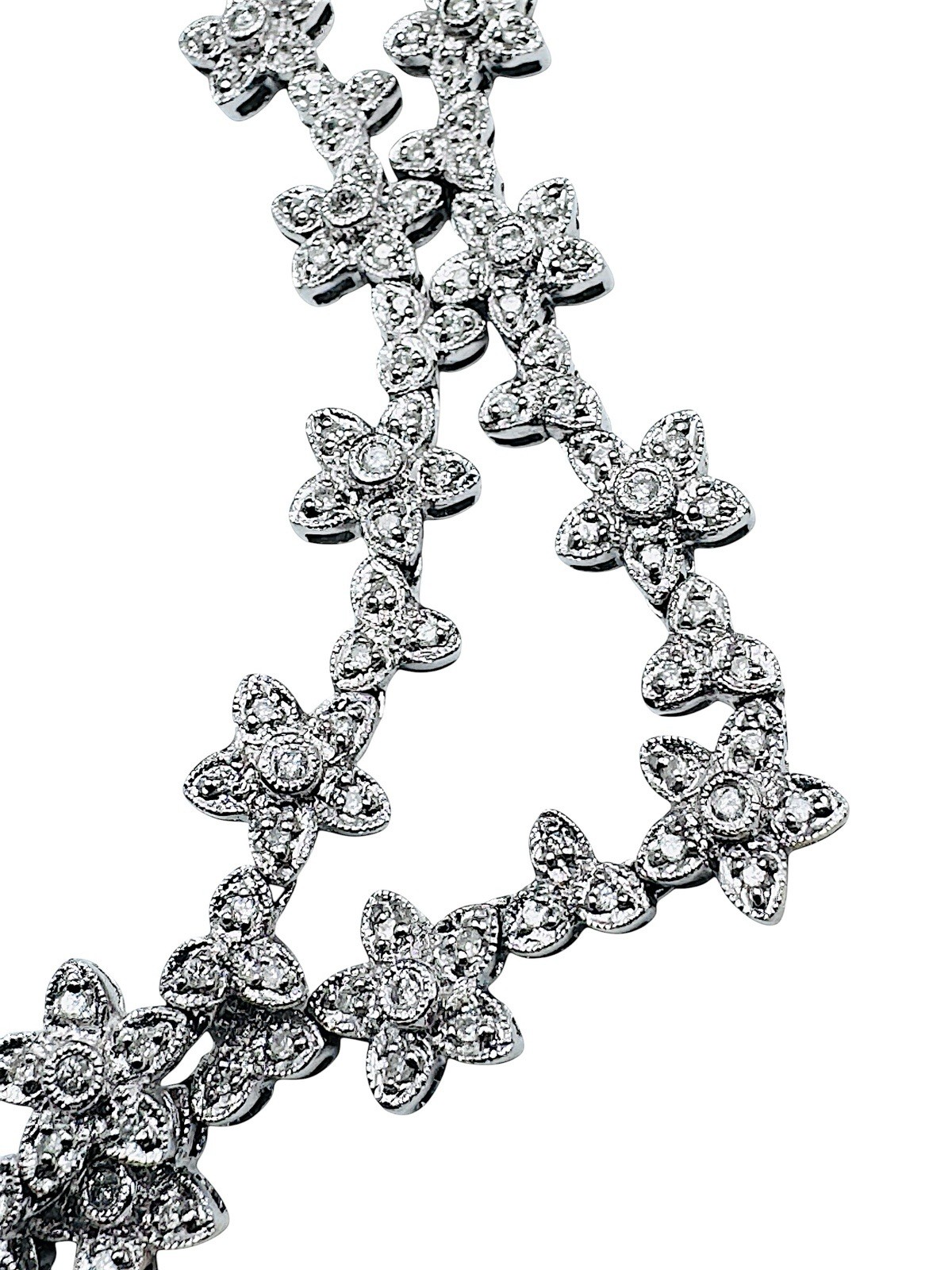 18k White Gold 1.28ctw Diamond Flower Riviere Necklace Deco Style 16″ 32g