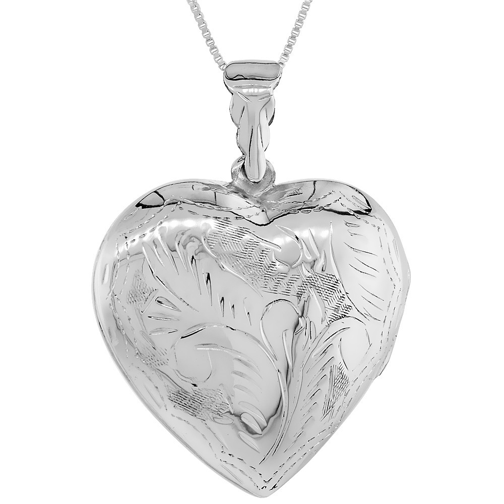 925 Sterling Silver 1-Side Engraved Heart Locket Pendant 1 1/4 Inch (31mm) Tall