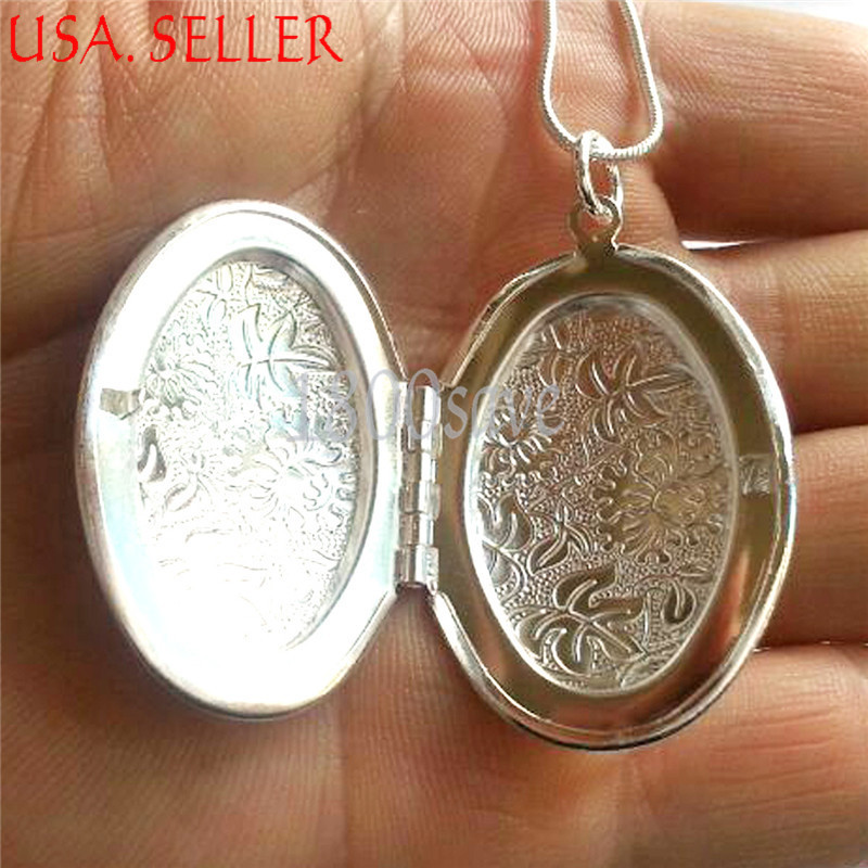 925 Sterling Silver Large Oval Shape Photo Locket Pendant + Necklace Chain Set