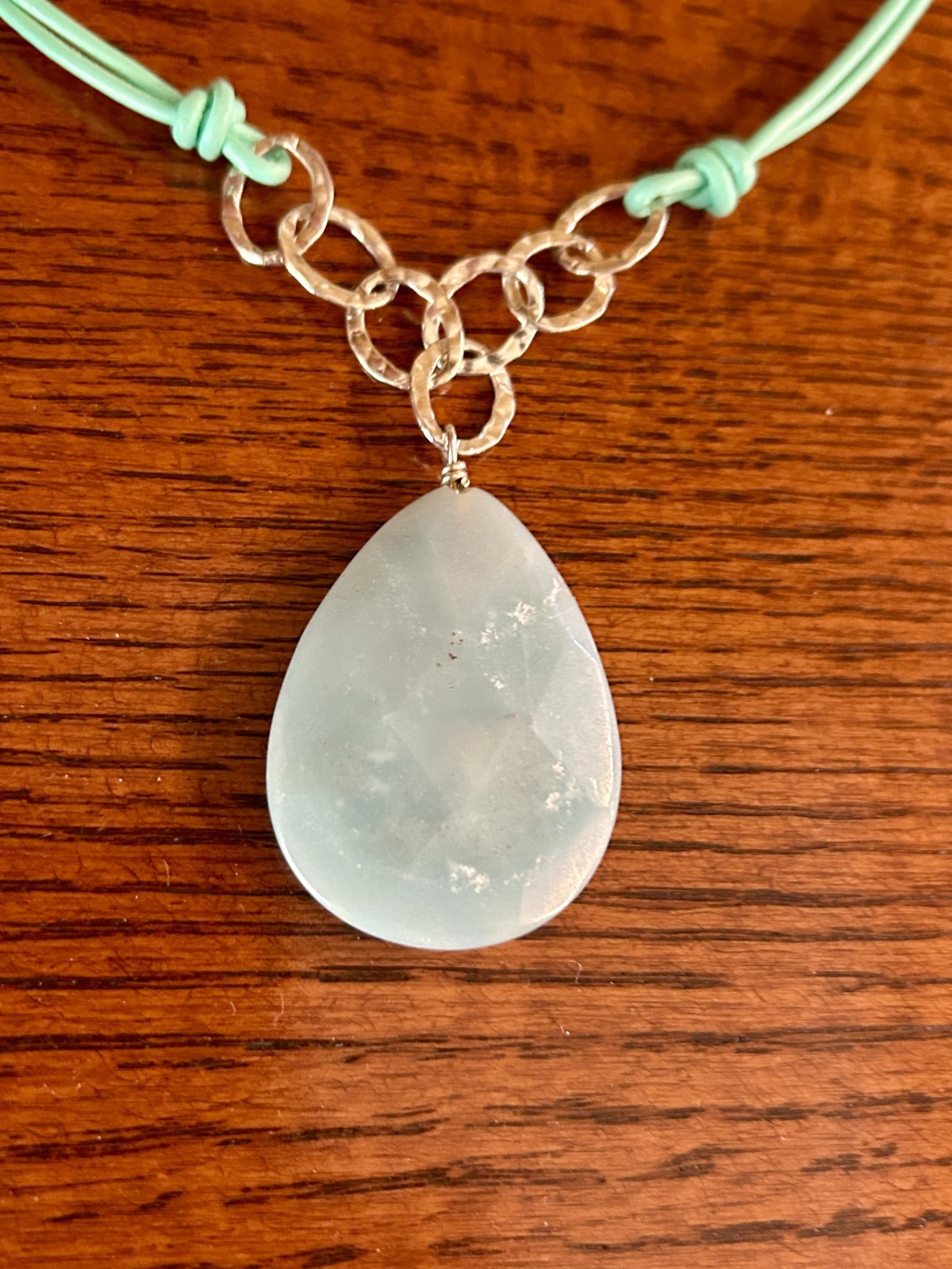 Aqua Amazonite 18″ Corded Necklace Teardrop 40mm Pendant Silver Estate New