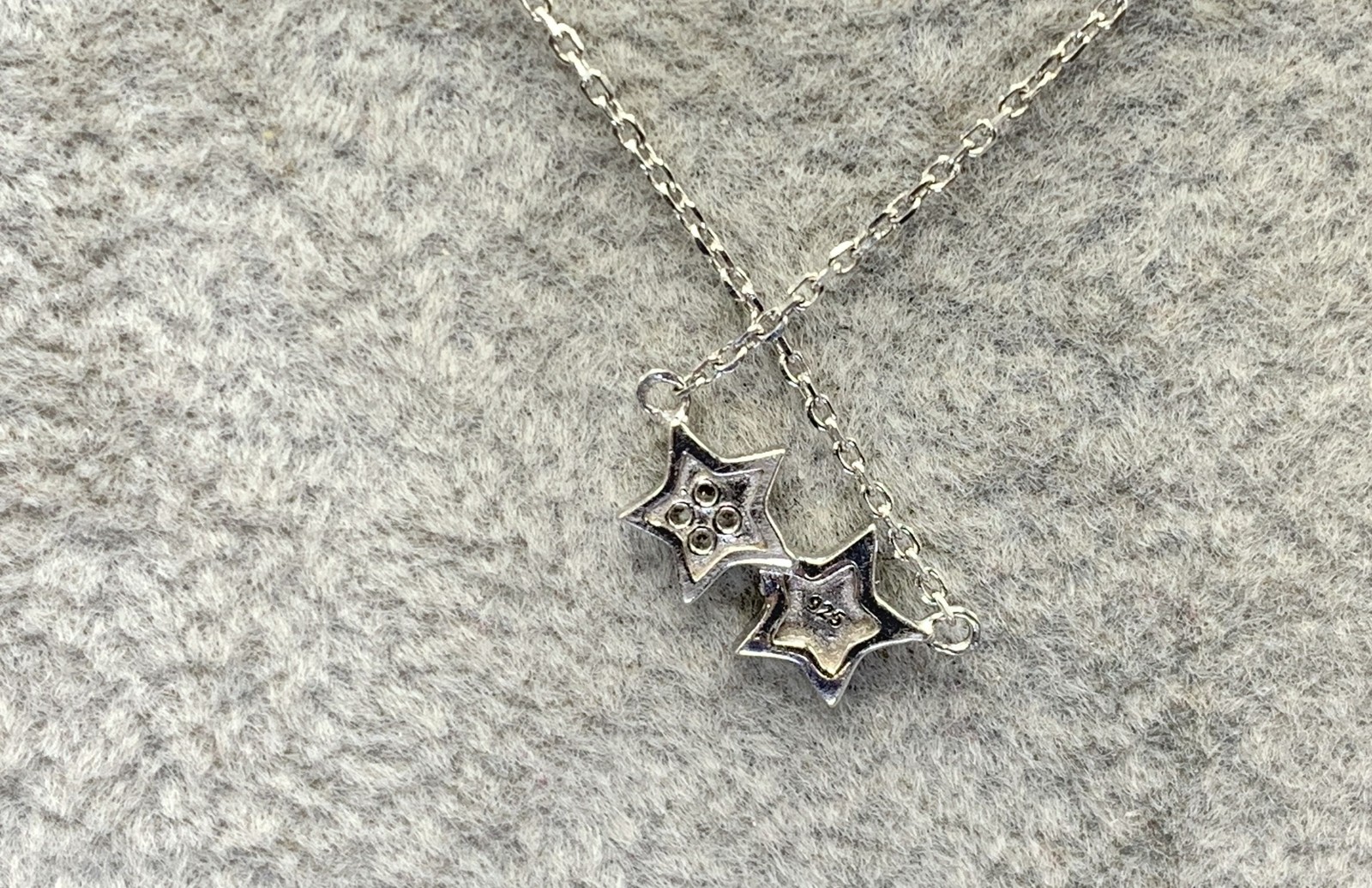 Sterling Silver & White Sapphire (Lab) Chips Double Star Pendant Necklace – 18″