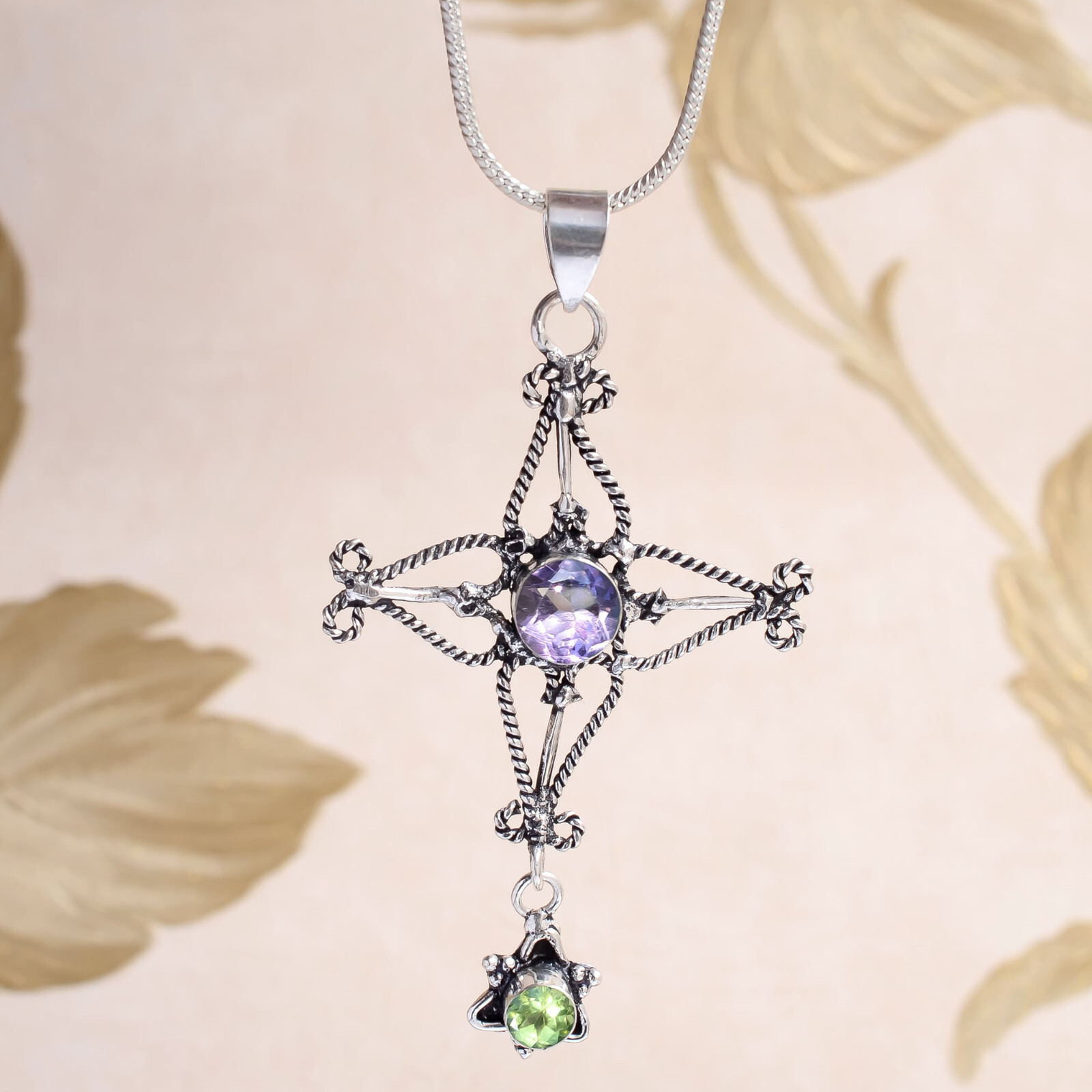 Amethyst Cut & Peridot Cut Gemstone 925 Sterling Silver Cross Beauty Art Jewelry