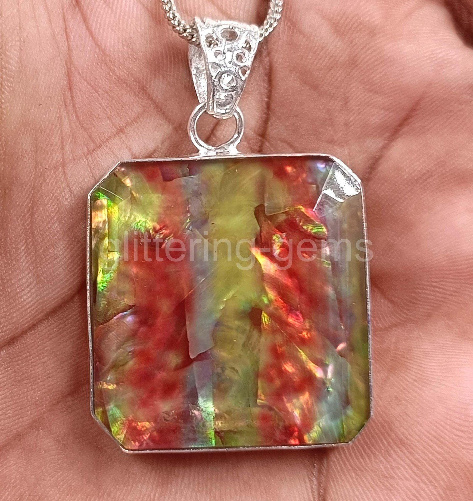 Natural 75 CT Emerald Cut Ammolite 925 Solid Silver Pendant IGL Gemstone 5JSQ