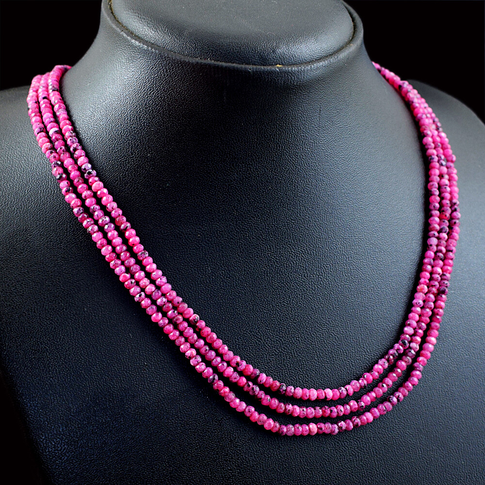 125.00 Cts Earth Mined 3 Strand Pink Onyx Round Cut Beads Necklace NK 17E114