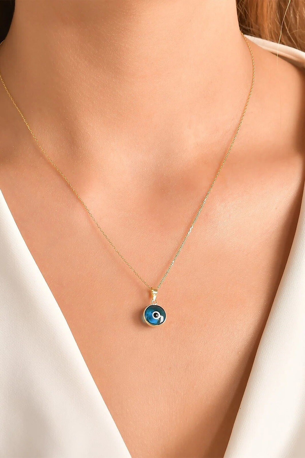 Real 14K Gold Evil Eye Charm,Good Luck Gift for Her, Authentic 14Kt Gold Pendant