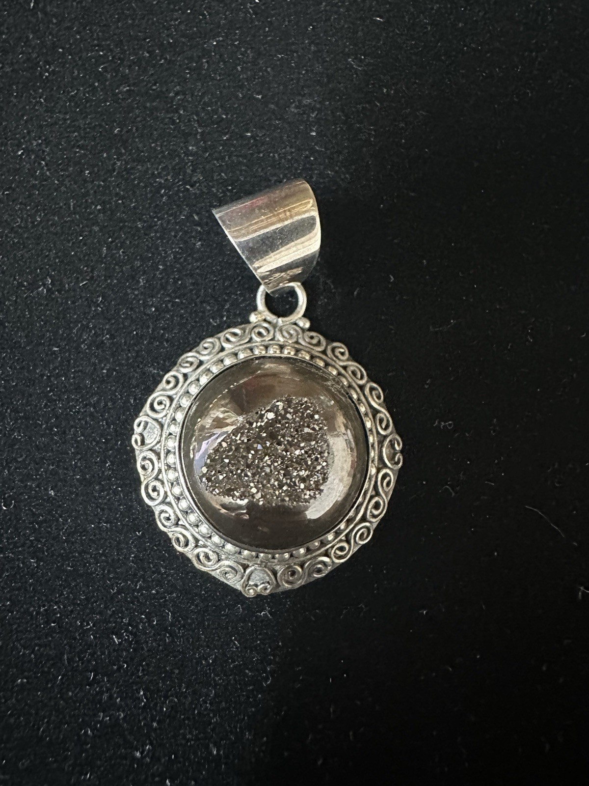 Sterling Silver 925 Hematite Druzy Asymmetrical Pendant Signed 1.5”long 7.5 Gr