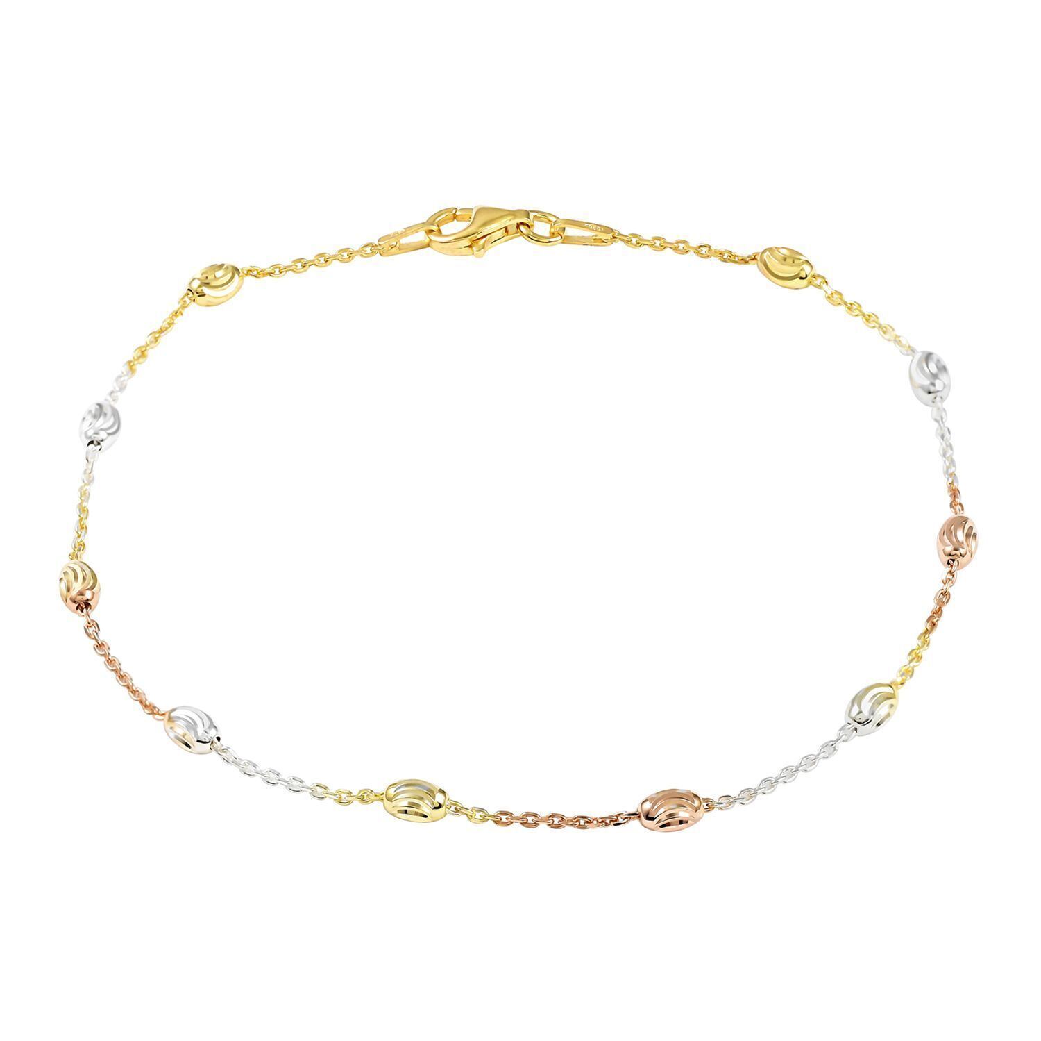 925 Sterling Silver Tri-Color Diamond Cut Station Moon Cut Oval Bead Anklet