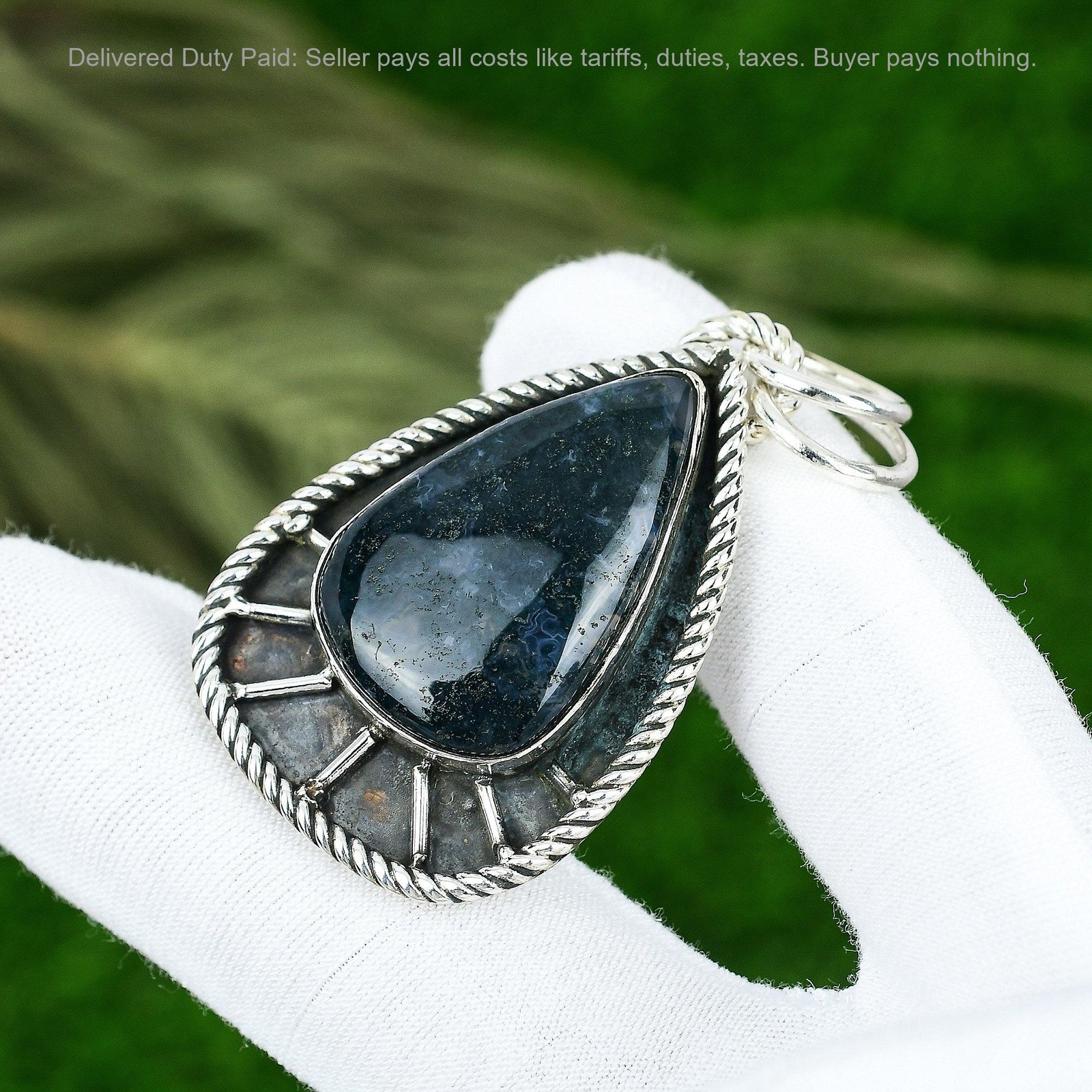 925 Silver Solar Moss Agate Stone Bezel Birthday Handmade Ethnic Pendant Jewelry