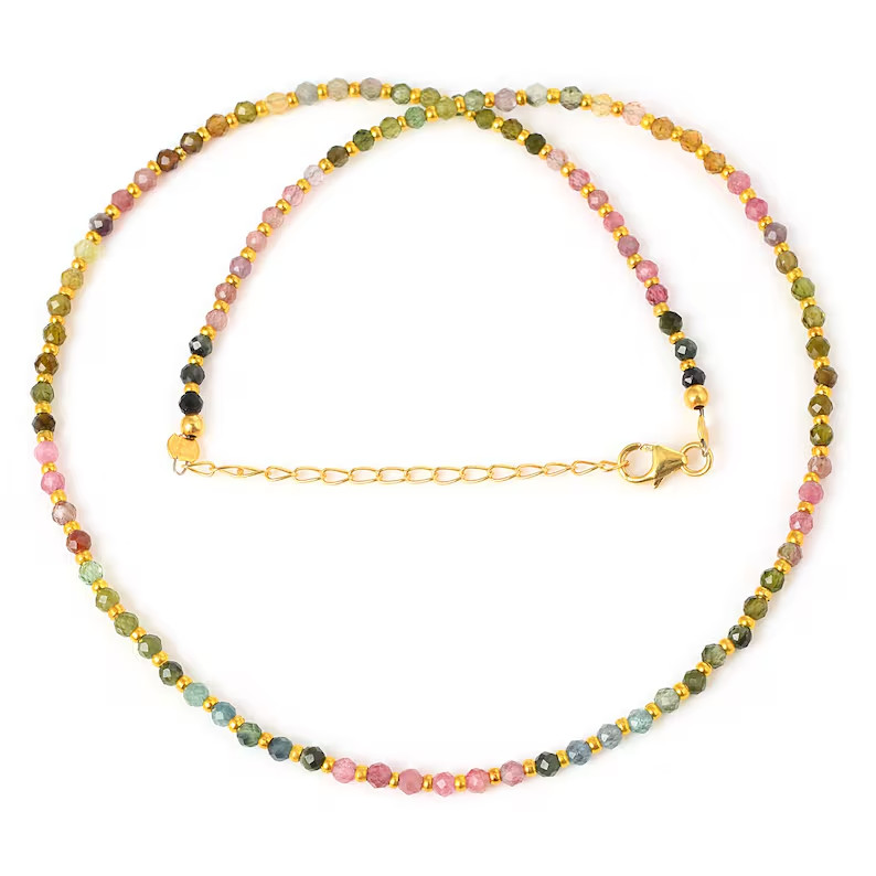 Natural Multi Tourmaline 3mm Round Beaded Necklace 925 Silver 18″ Handmade Gift