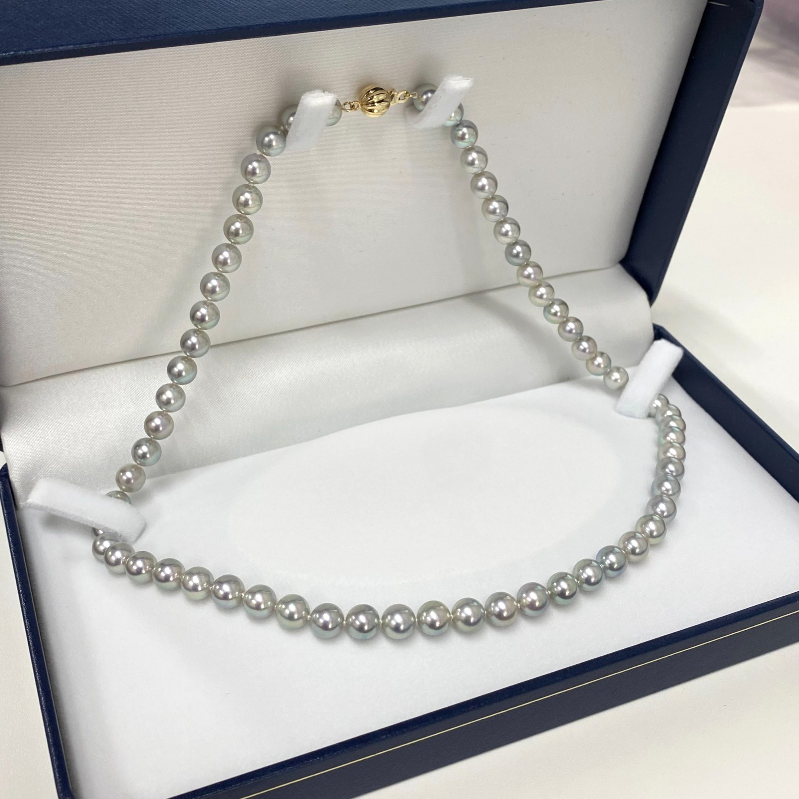 AAA 6.5-7mm Round Silver Japanese Akoya Pearl Necklace 14Kt yellow gold,17.5″